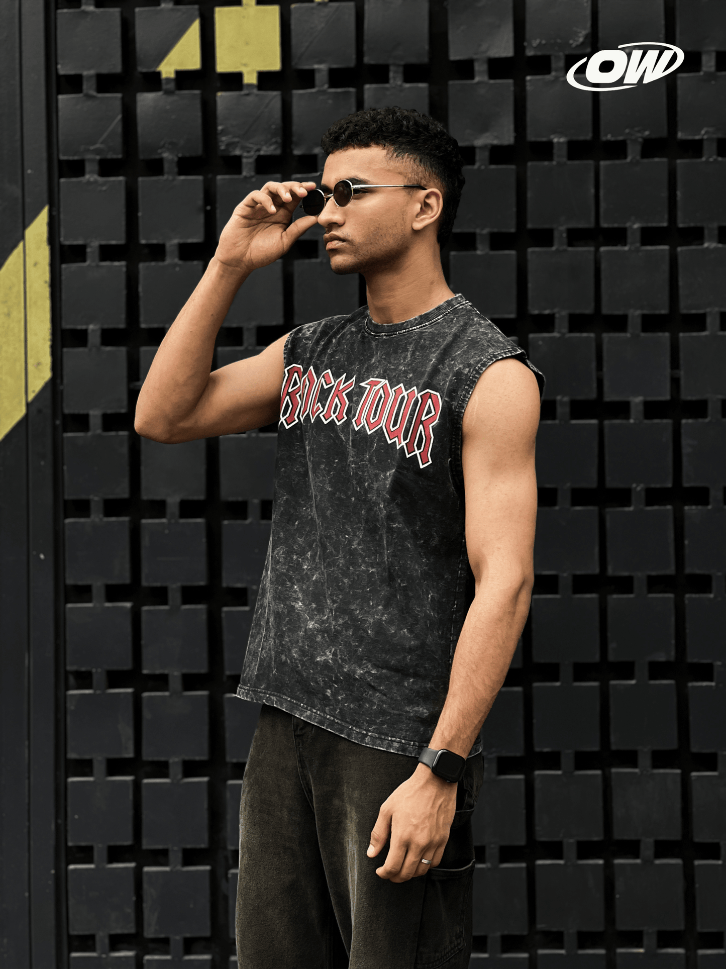 Acid wash sleeveless tshirt Rock printed shoulder stud - outwearo