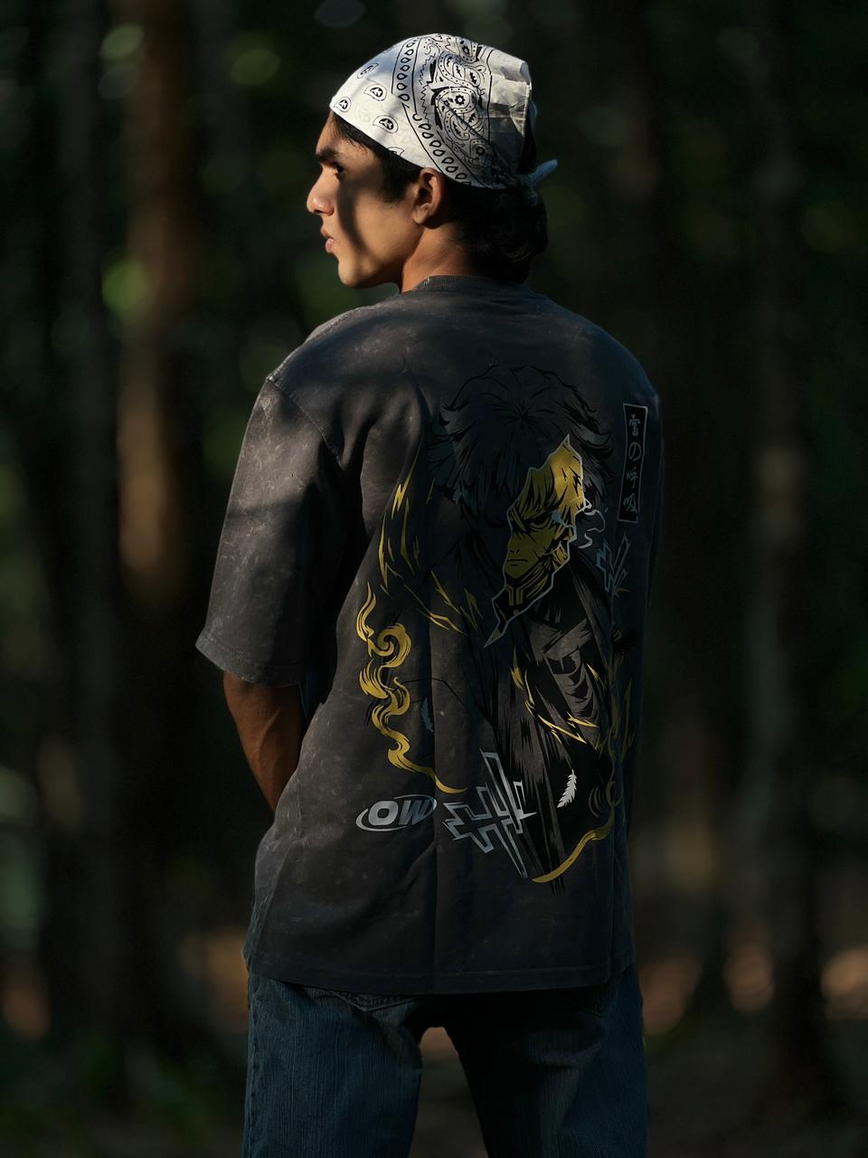 Oversized acid wash zenitsu tshirt Grey - outwearo