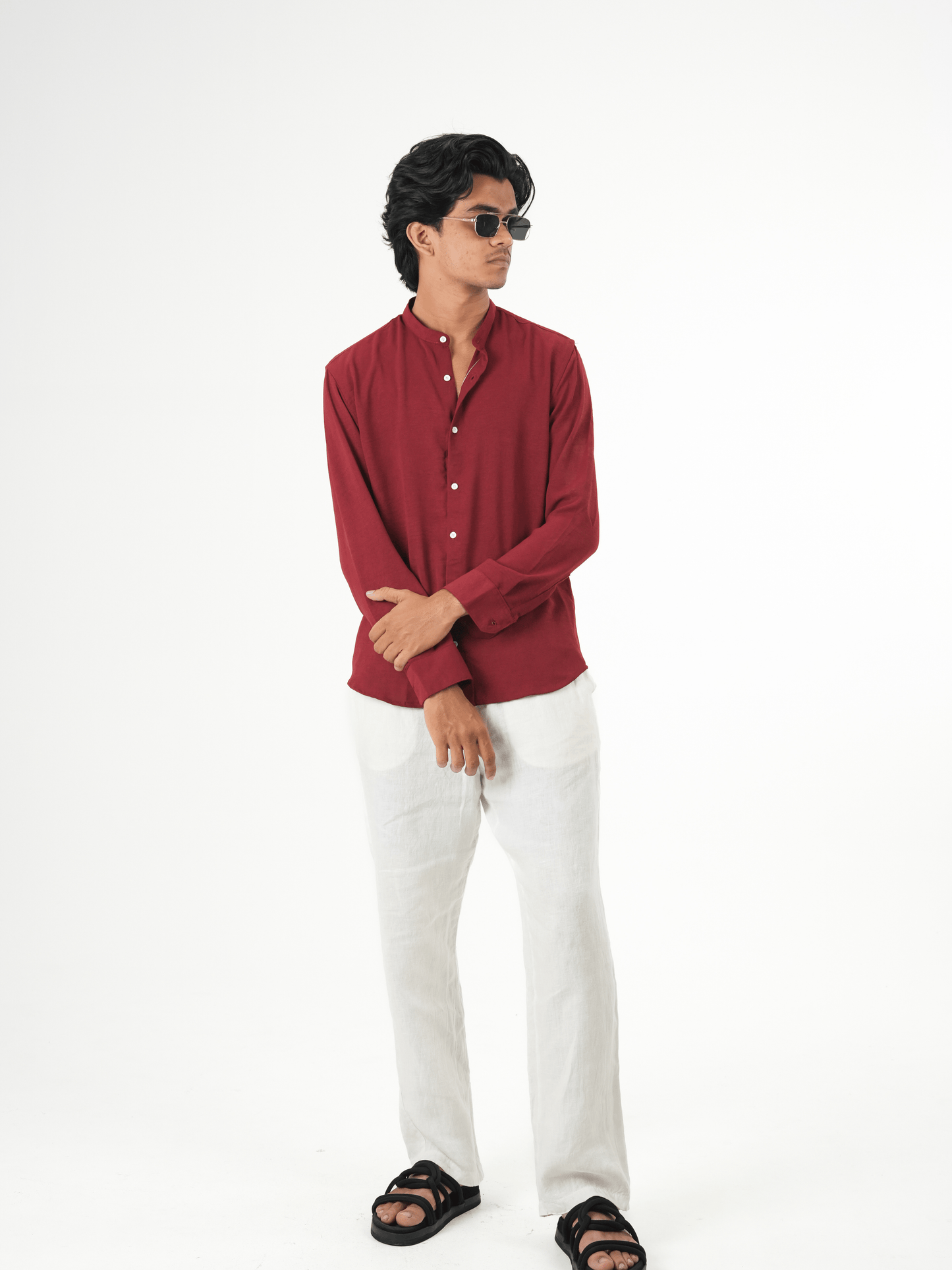 Regular Fit Chinese Collar Shirt IMP Fabirc MEROON - outwearo