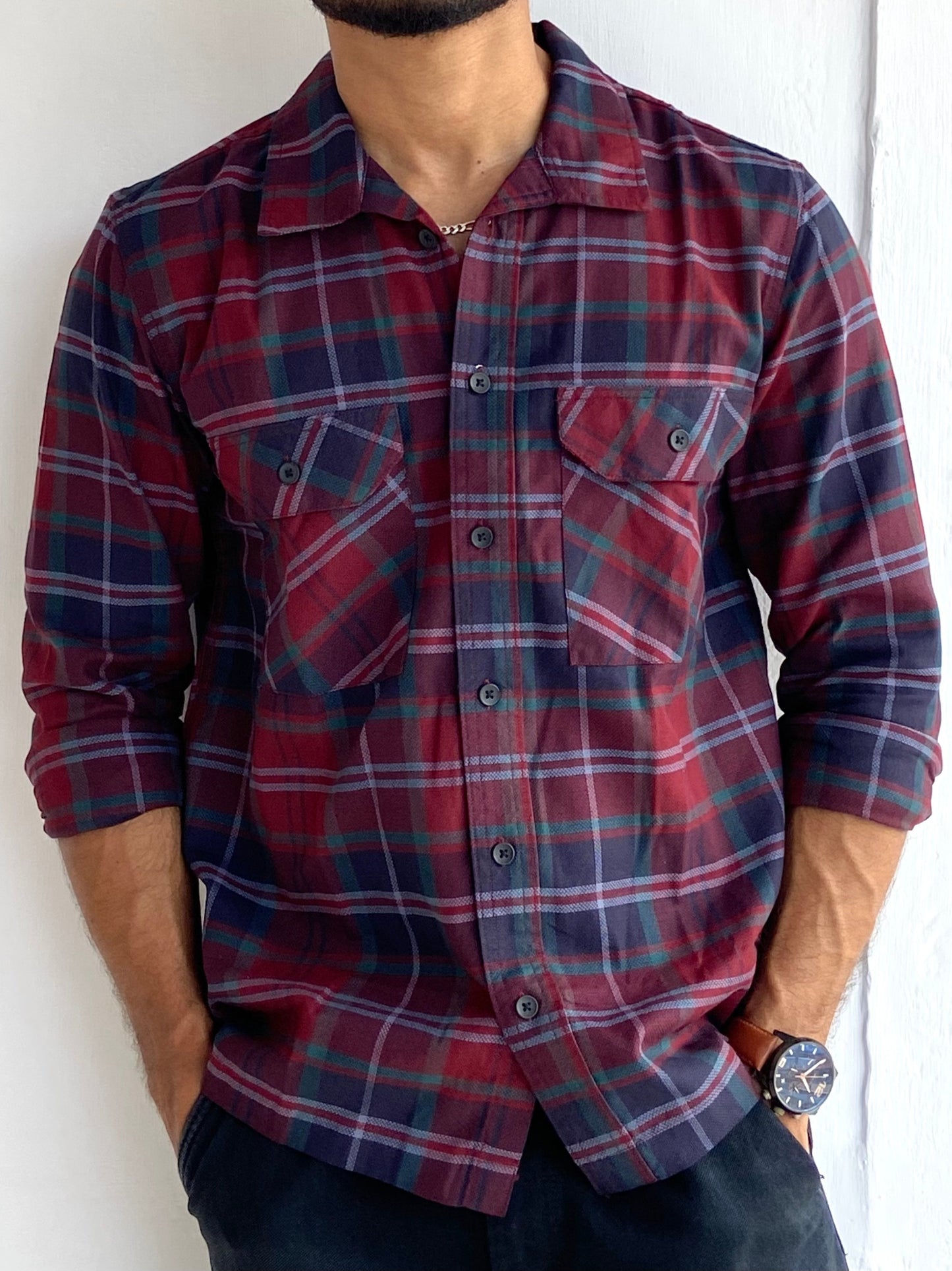 Double Pocket Check Red Full sleeve - outwearo
