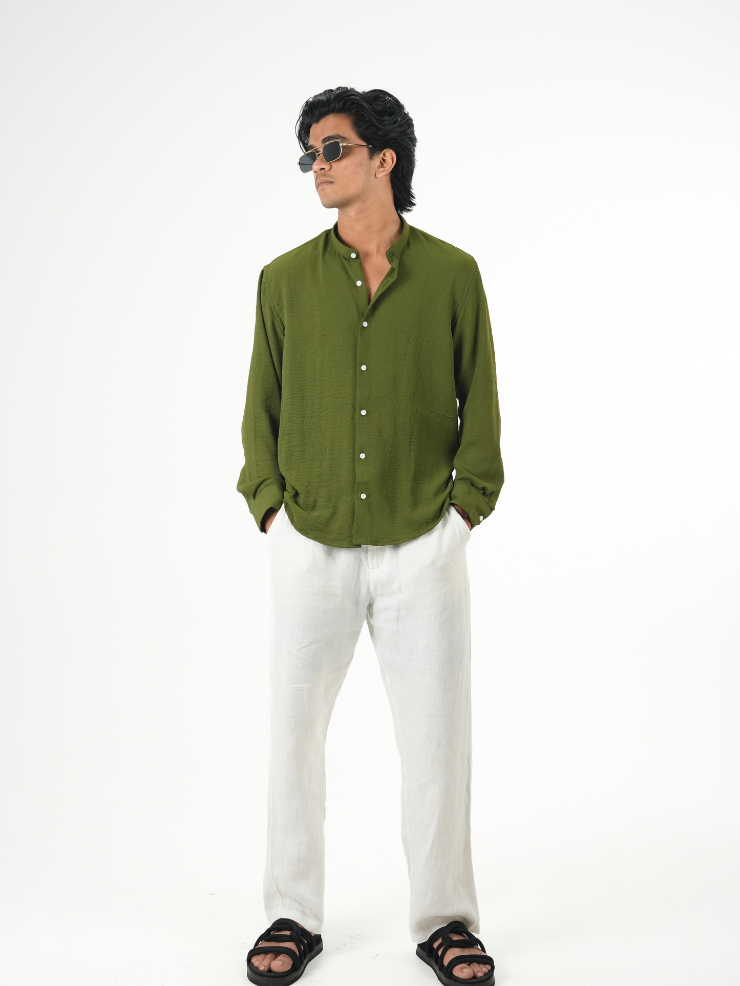 Regular Fit Chinese Collar Shirt IMP Fabirc Olive Green