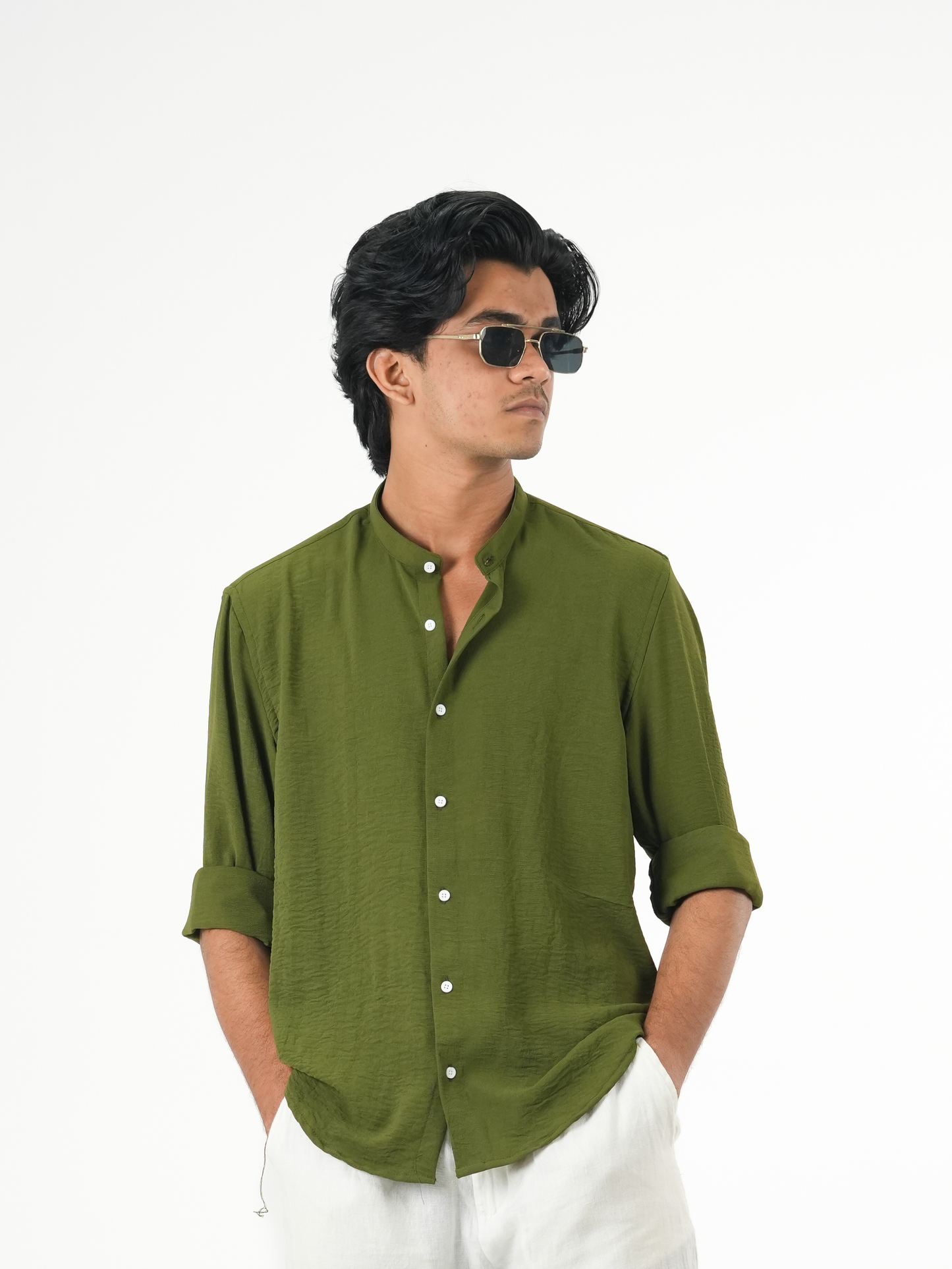 Regular Fit Chinese Collar Shirt IMP Fabirc Olive Green