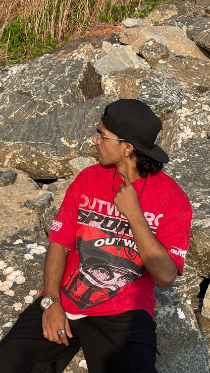 Oversized Stone washed Helmet design Tshirt RED