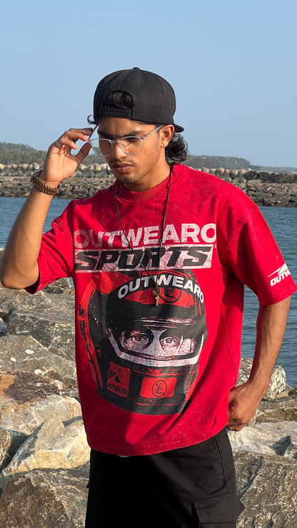 Oversized Stone washed Helmet design Tshirt RED