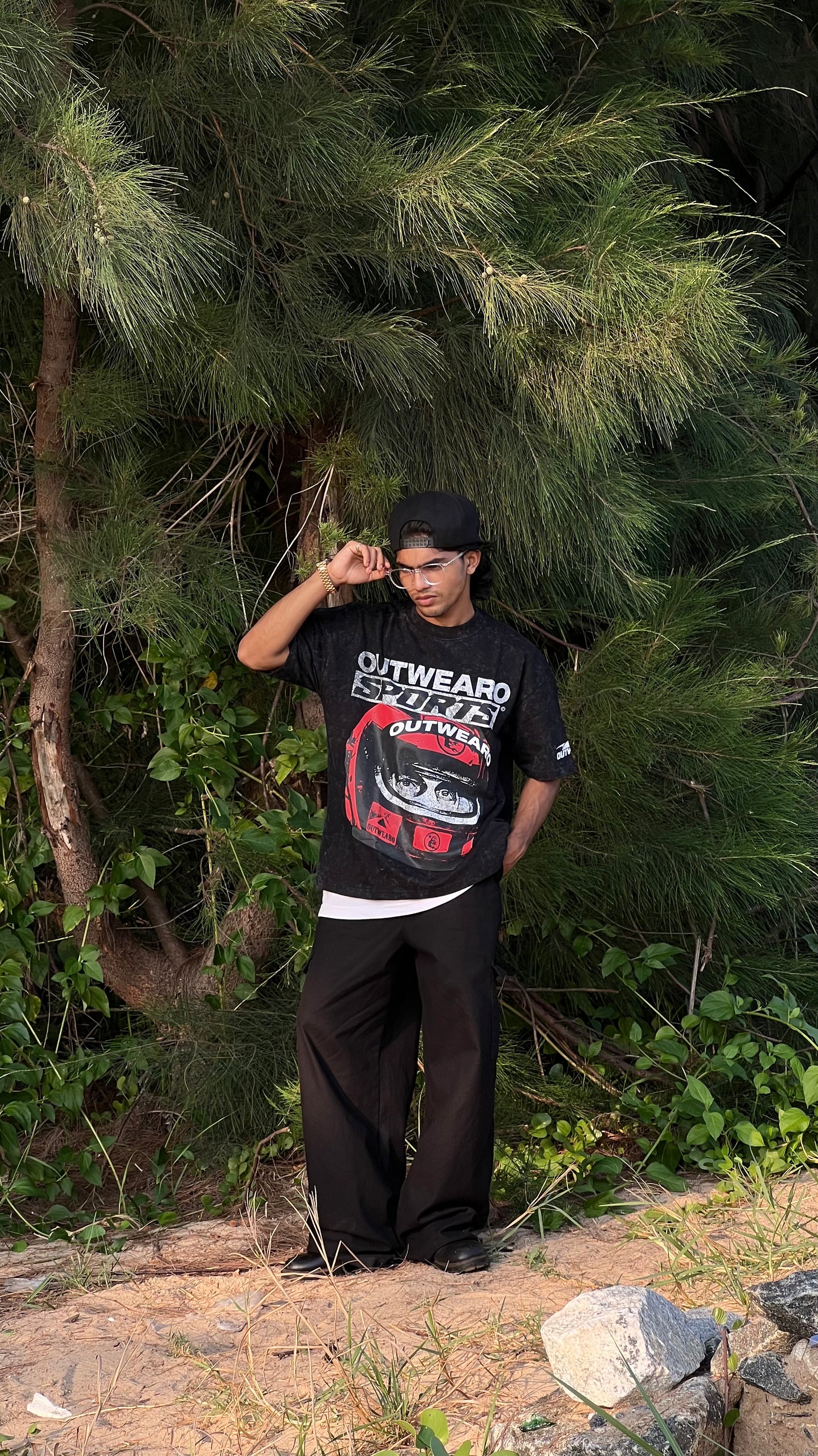 Oversized Stone washed Helmet design Tshirt Black