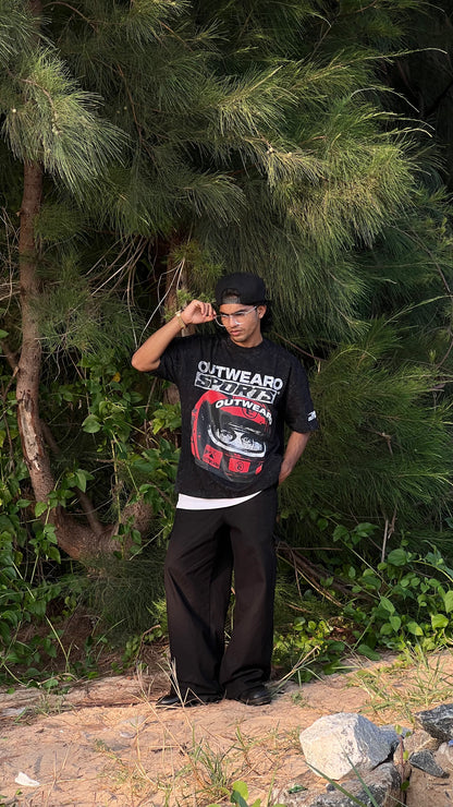 Oversized Stone washed Helmet design Tshirt Black