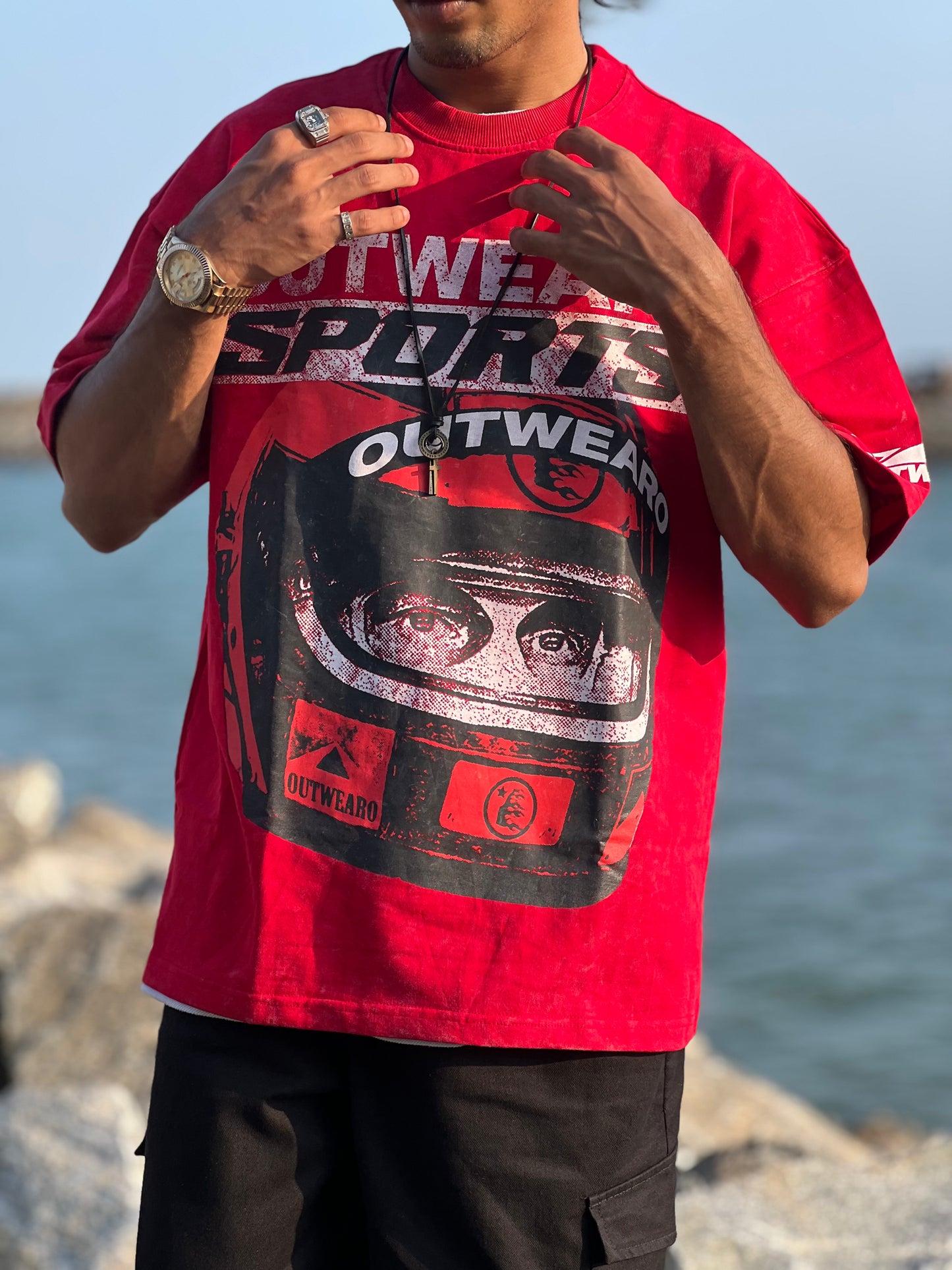 Oversized Stone washed Helmet design Tshirt RED