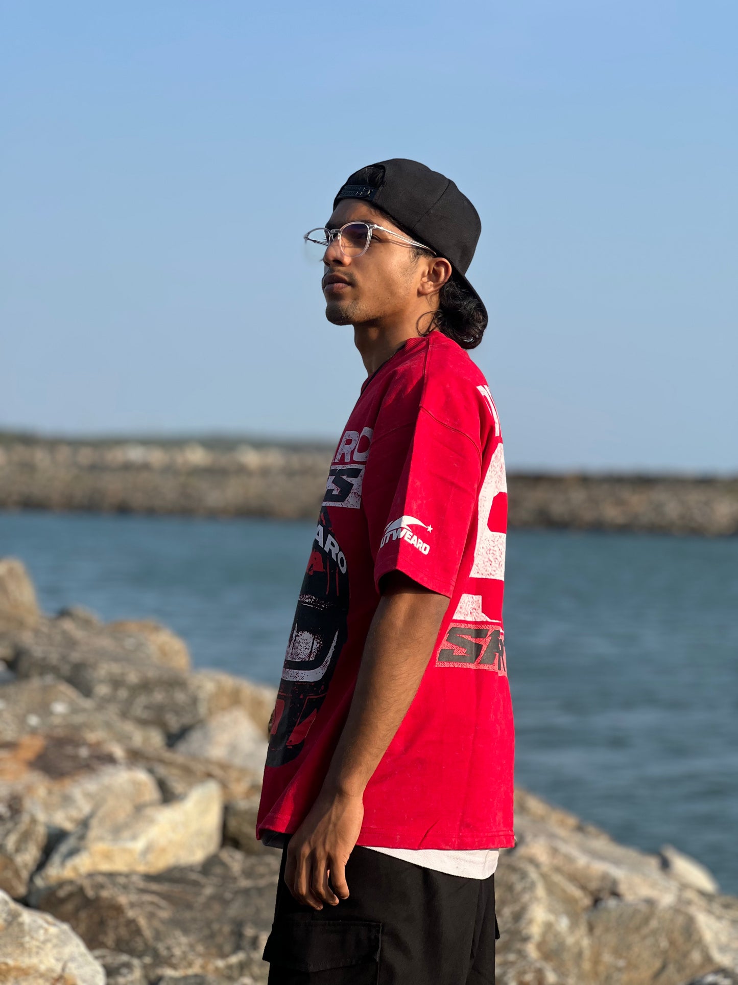 Oversized Stone washed Helmet design Tshirt RED