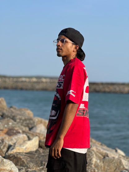 Oversized Stone washed Helmet design Tshirt RED