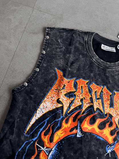 Acid wash sleeveless tshirt Flame printed Sleeve stud - outwearo