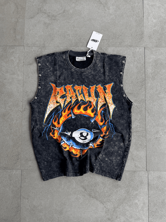 Acid wash sleeveless tshirt Flame printed Sleeve stud - outwearo