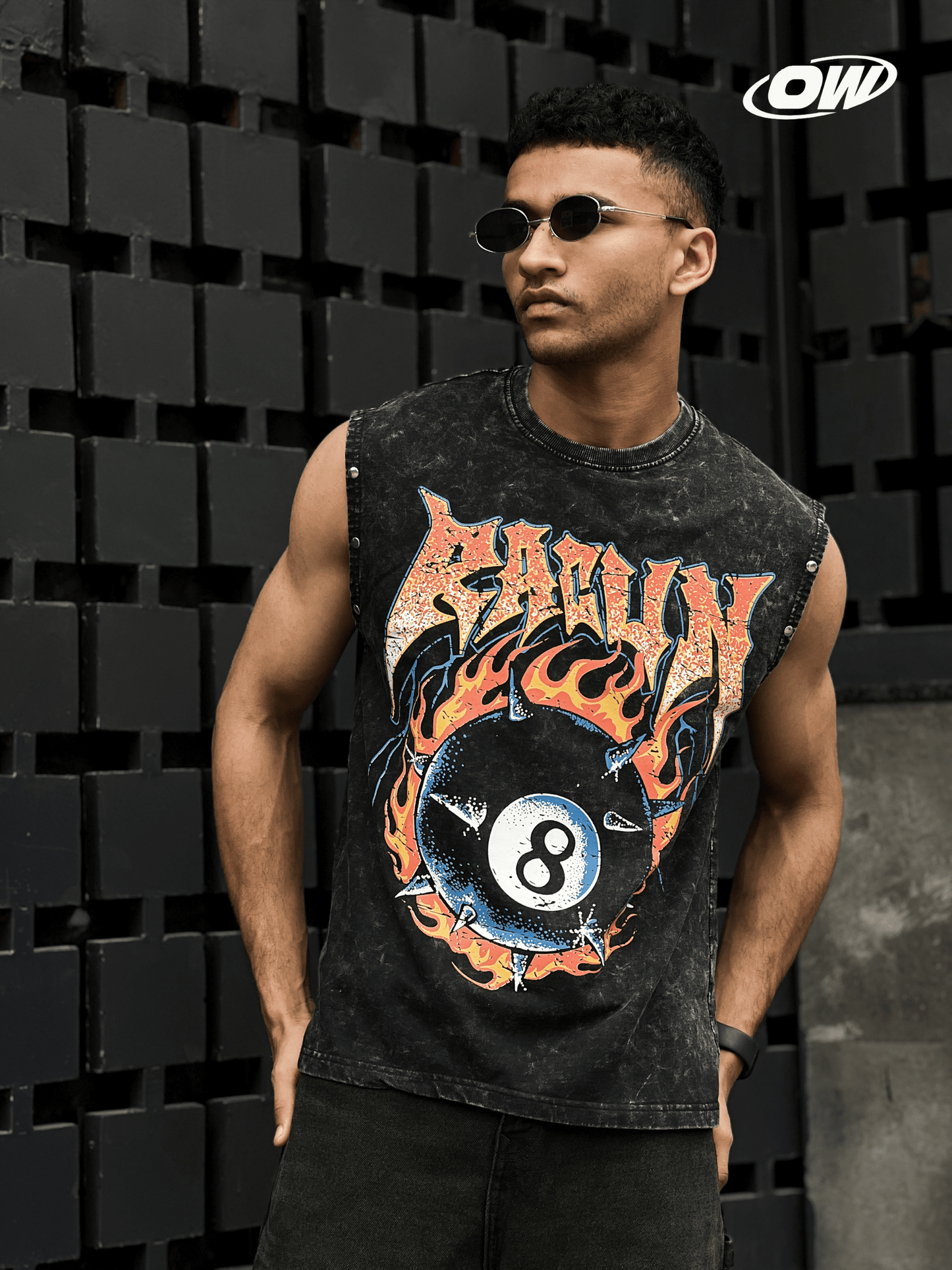 Acid wash sleeveless tshirt Flame printed Sleeve stud - outwearo