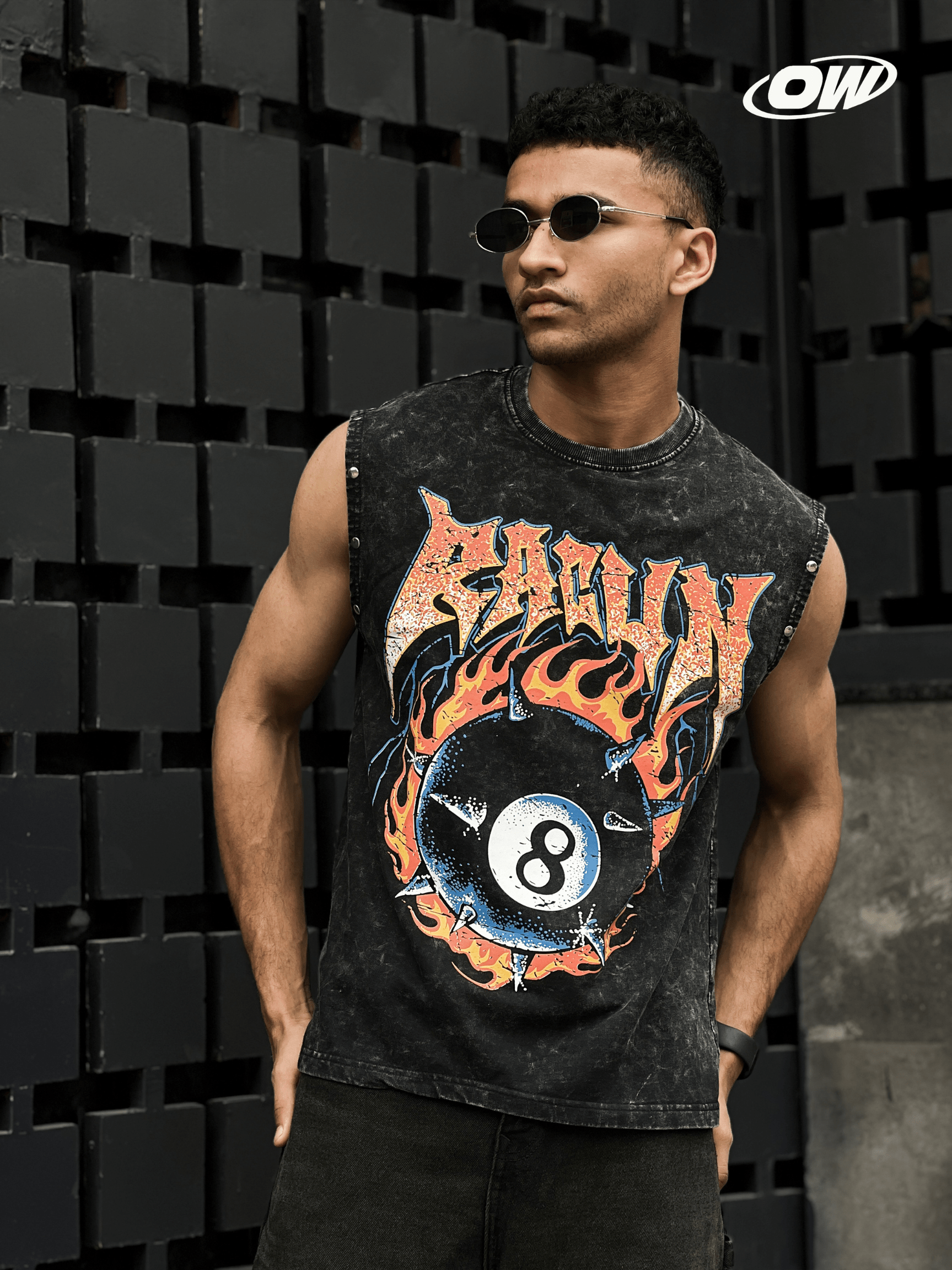 Acid wash sleeveless tshirt Flame printed Sleeve stud - outwearo
