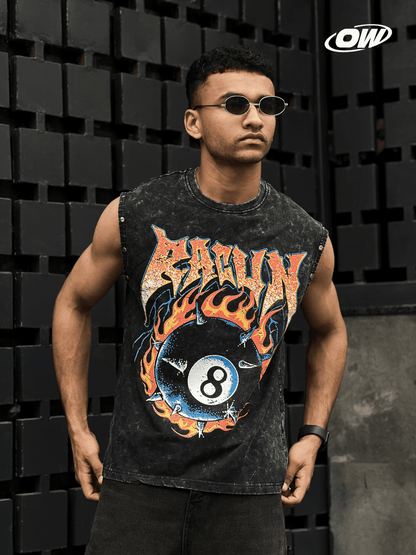 Acid wash sleeveless tshirt Flame printed Sleeve stud - outwearo