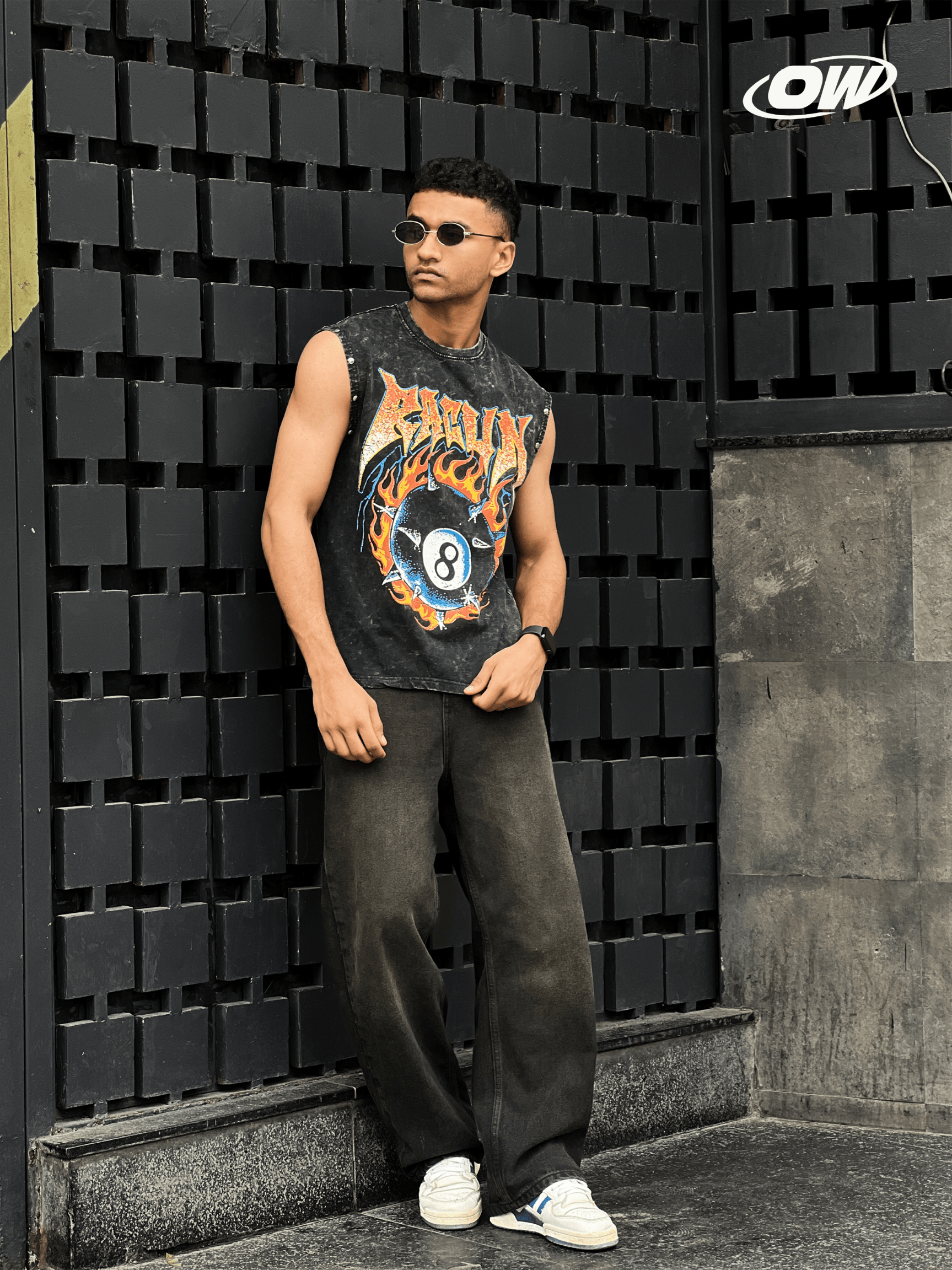 Acid wash sleeveless tshirt Flame printed Sleeve stud - outwearo