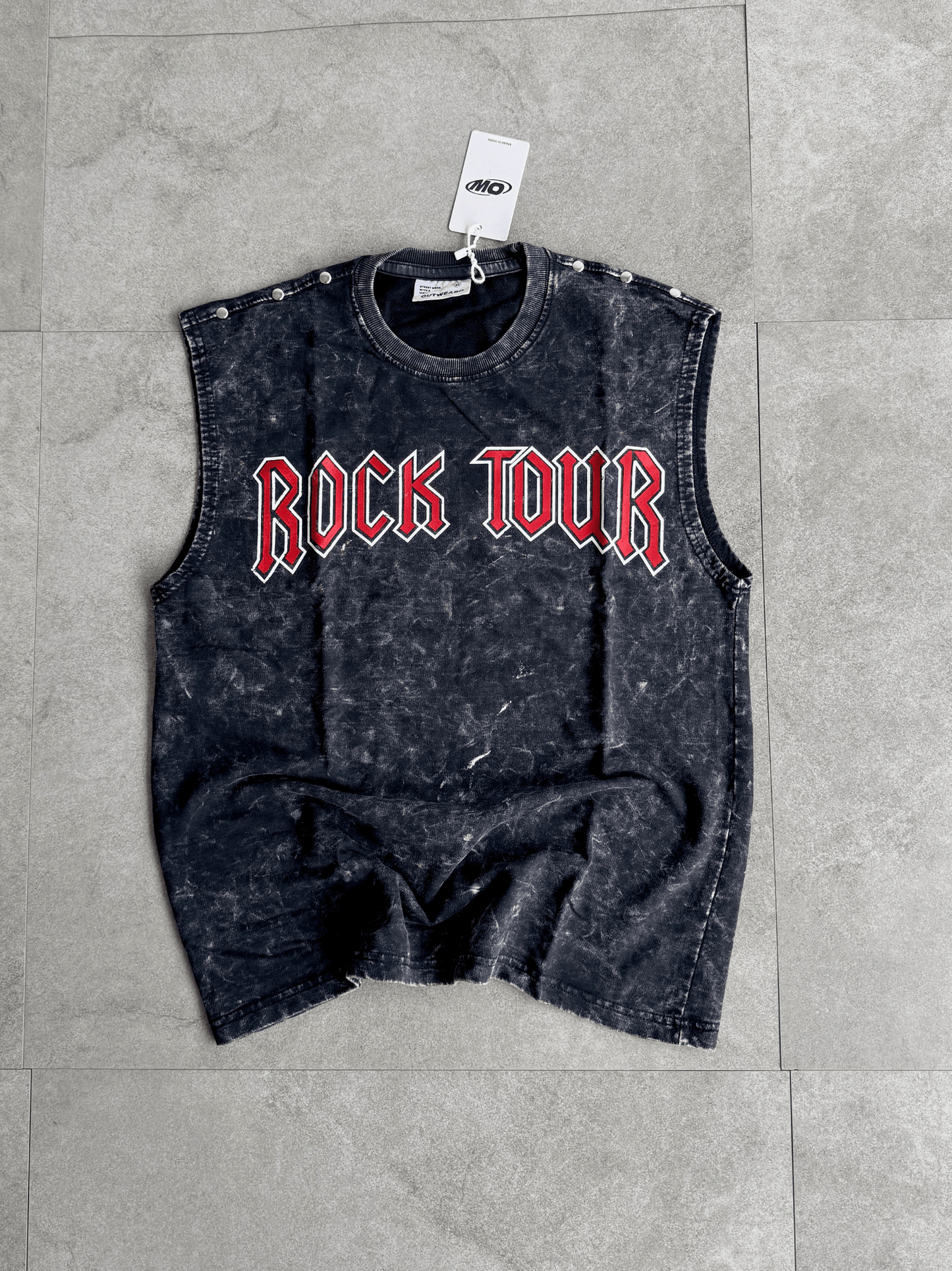 Acid wash sleeveless tshirt Rock printed shoulder stud - outwearo