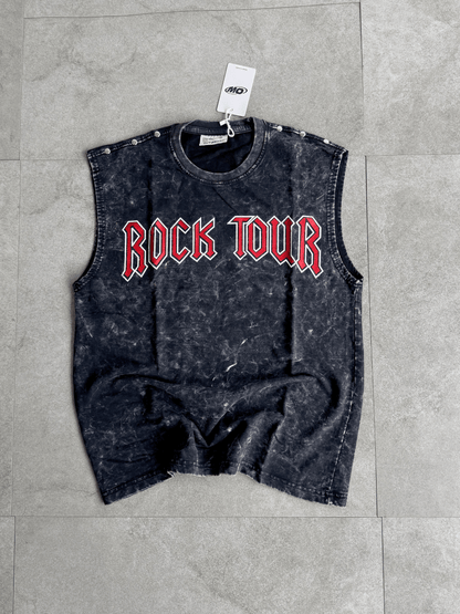 Acid wash sleeveless tshirt Rock printed shoulder stud - outwearo