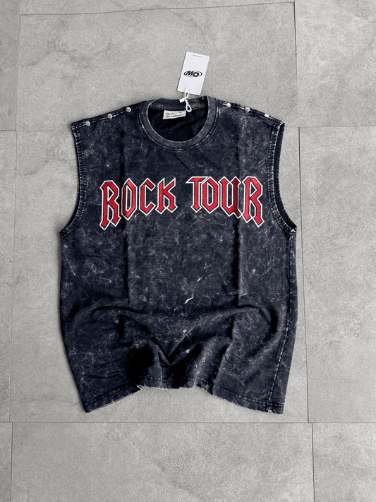 Acid wash sleeveless tshirt Rock printed shoulder stud - outwearo