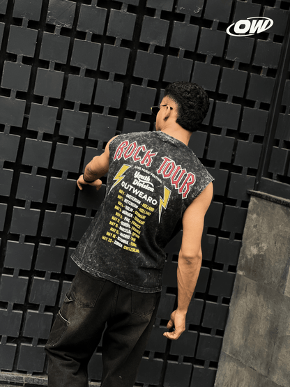 Acid wash sleeveless tshirt Rock printed shoulder stud - outwearo