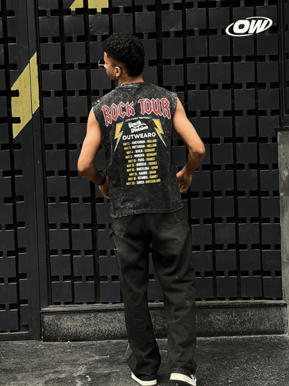 Acid wash sleeveless tshirt Rock printed shoulder stud - outwearo