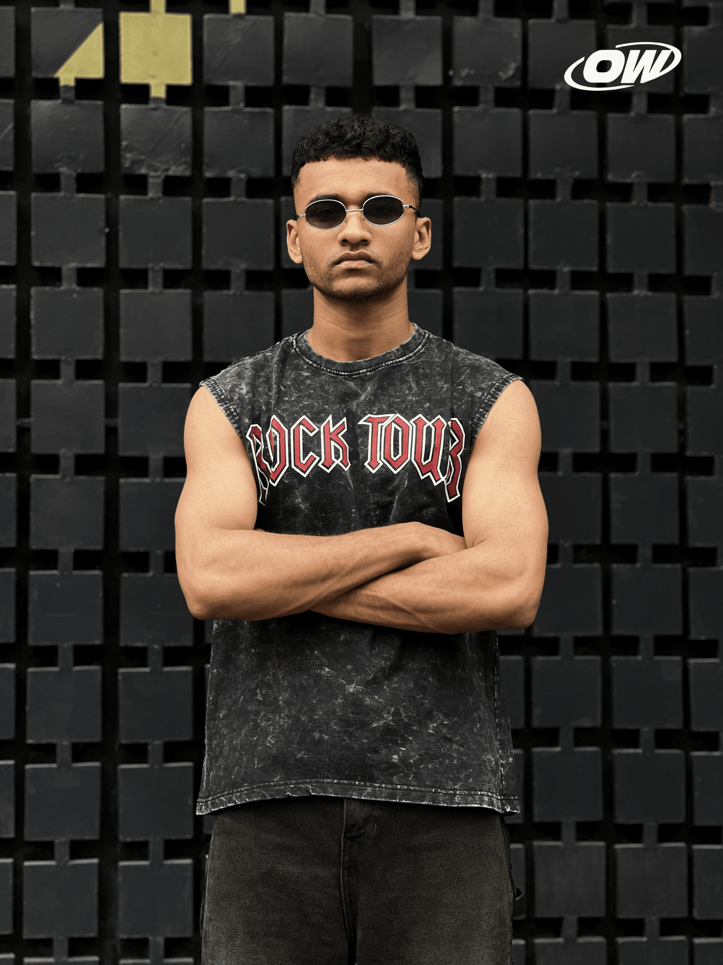 Acid wash sleeveless tshirt Rock printed shoulder stud - outwearo
