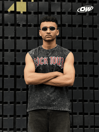 Acid wash sleeveless tshirt Rock printed shoulder stud - outwearo