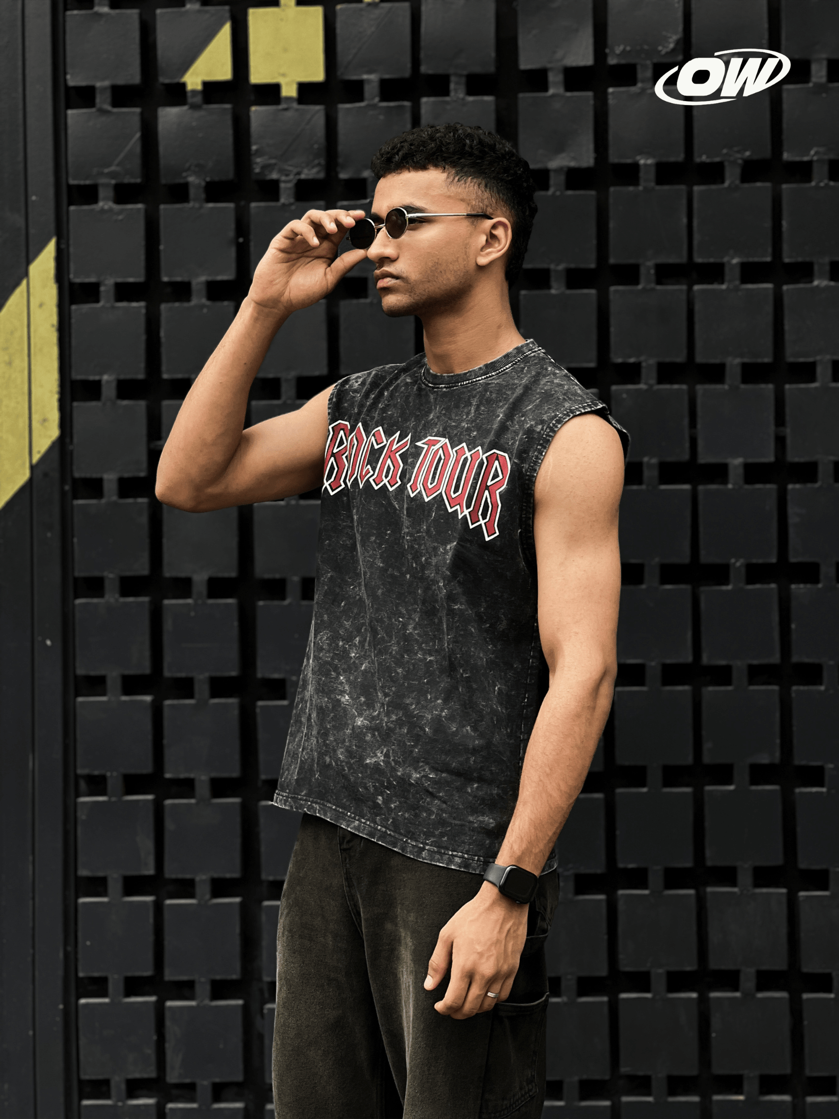 Acid wash sleeveless tshirt Rock printed shoulder stud - outwearo