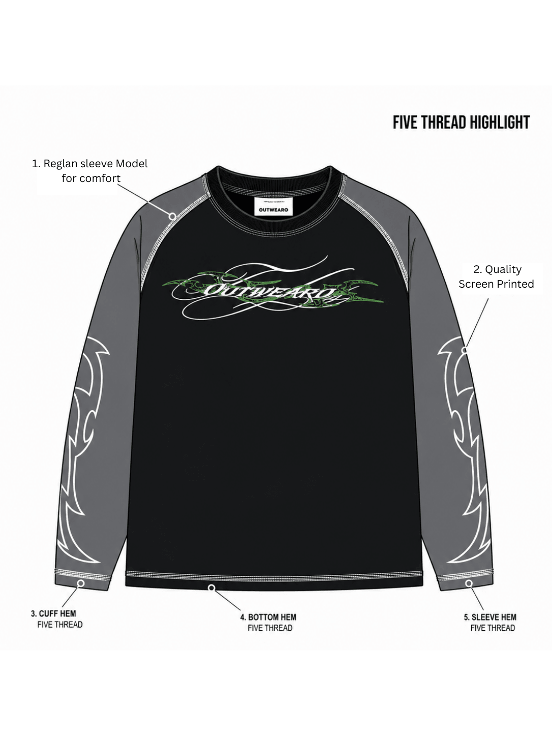 Fivethread Reglan sleeve Full sleeve Black - outwearo