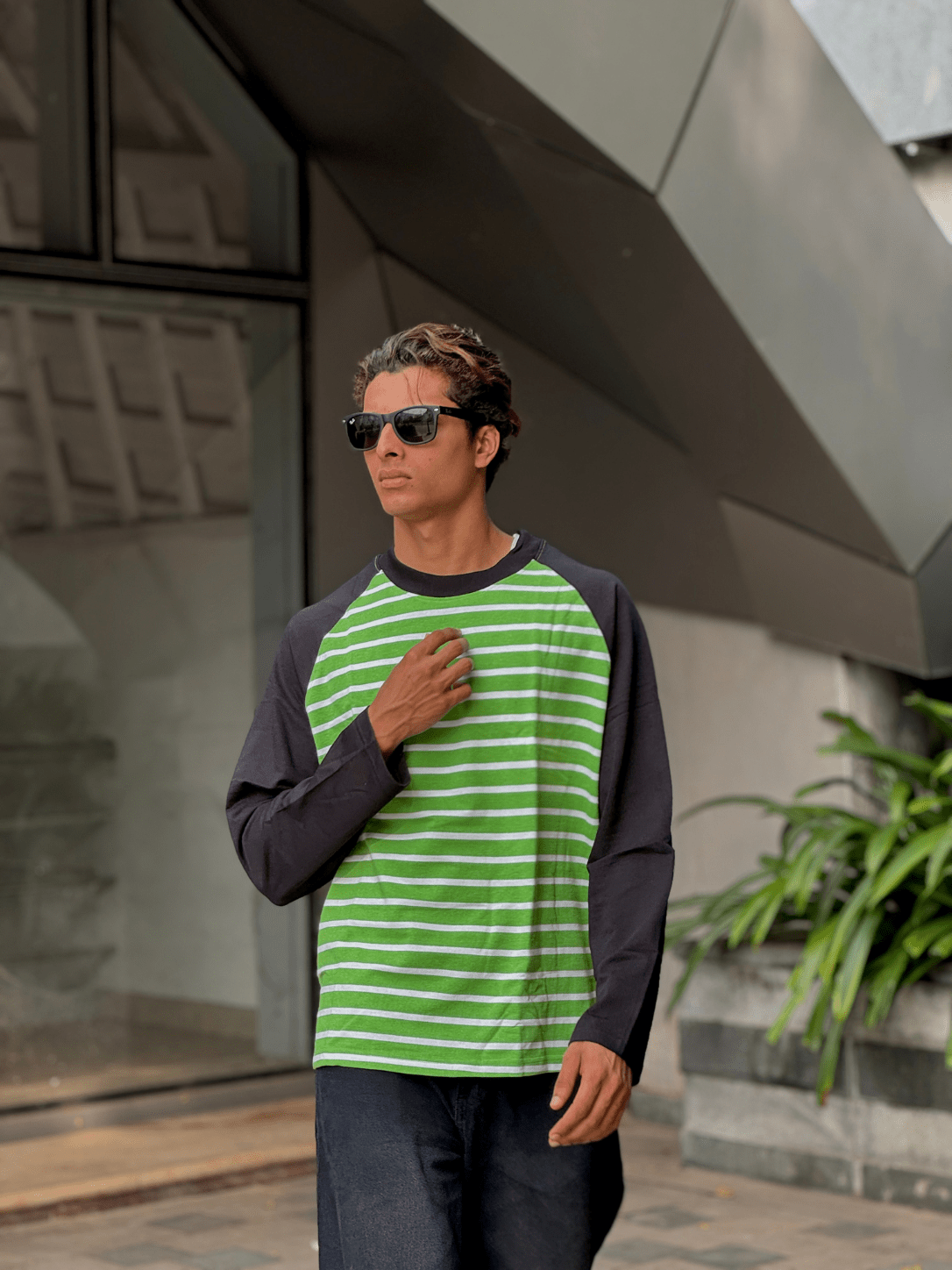 Fullsleeve striped Reglan sleeve Light Green Body - outwearo