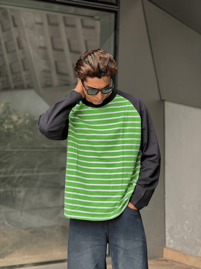 Fullsleeve striped Reglan sleeve Light Green Body - outwearo