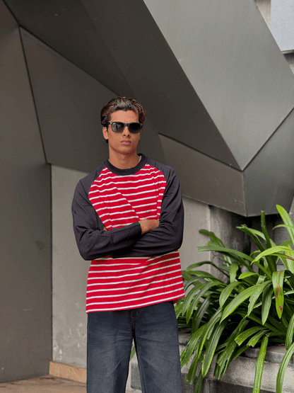 Fullsleeve striped Reglan sleeve Red Body - outwearo
