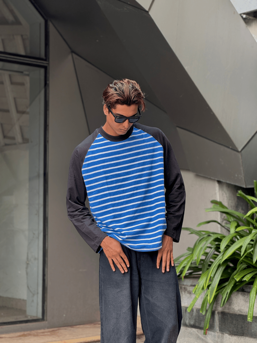 Fullsleeve striped Reglan sleeve Royal blue Body - outwearo
