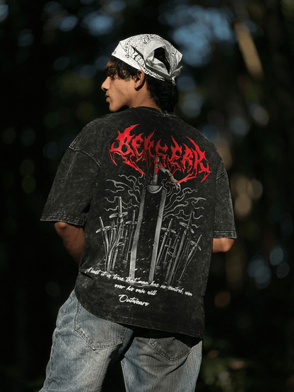 Oversized acid wash Berserk sword tshirt Black - outwearo