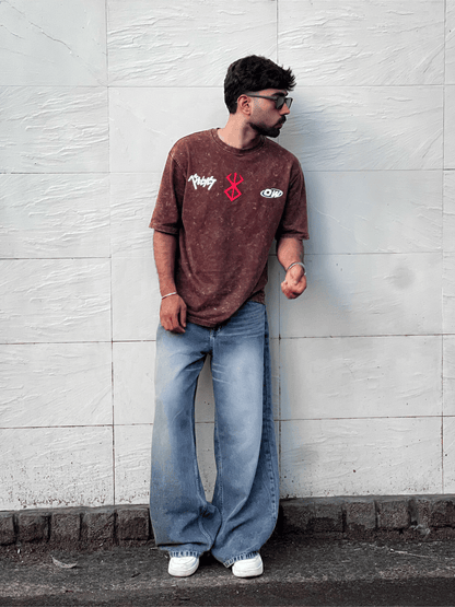 Oversized Acid wash Berserk Tshirt - Brown - outwearo