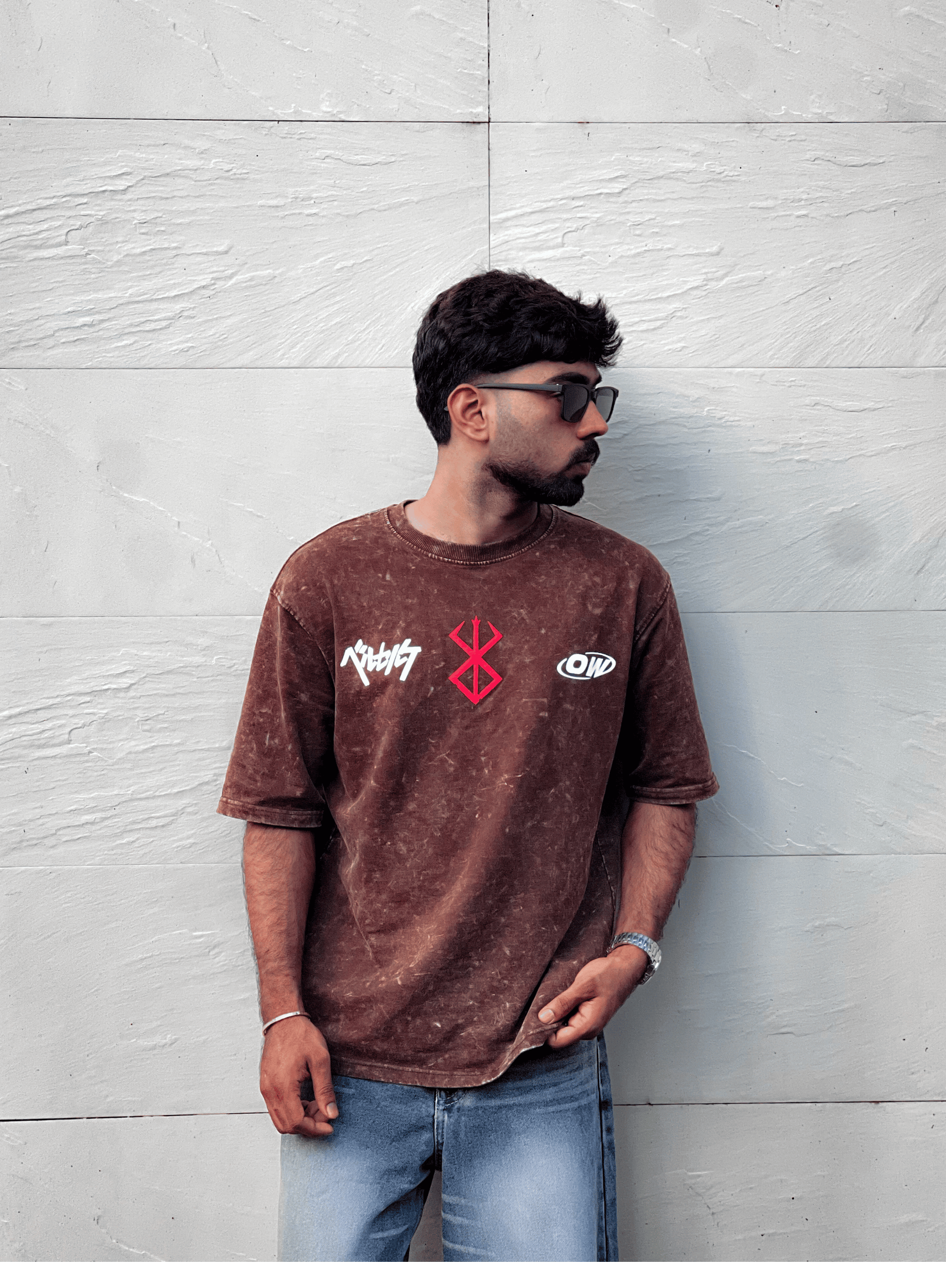 Oversized Acid wash Berserk Tshirt - Brown - outwearo