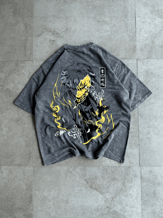 Oversized acid wash zenitsu tshirt Grey - outwearo