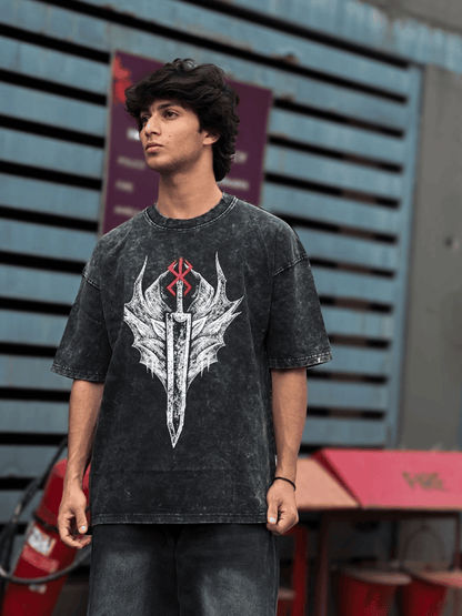Oversized Acide wash Tshirt Black Berserk New - outwearo