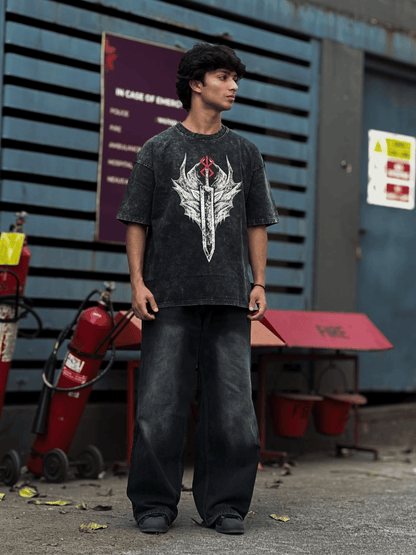 Oversized Acide wash Tshirt Black Berserk New - outwearo