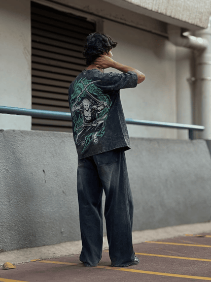 Oversized Acide wash Tshirt Black ZORO New - outwearo