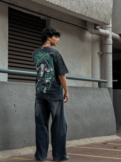 Oversized Acide wash Tshirt Black ZORO New - outwearo