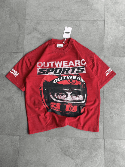 Oversized Stone washed Helmet design Tshirt RED - outwearo