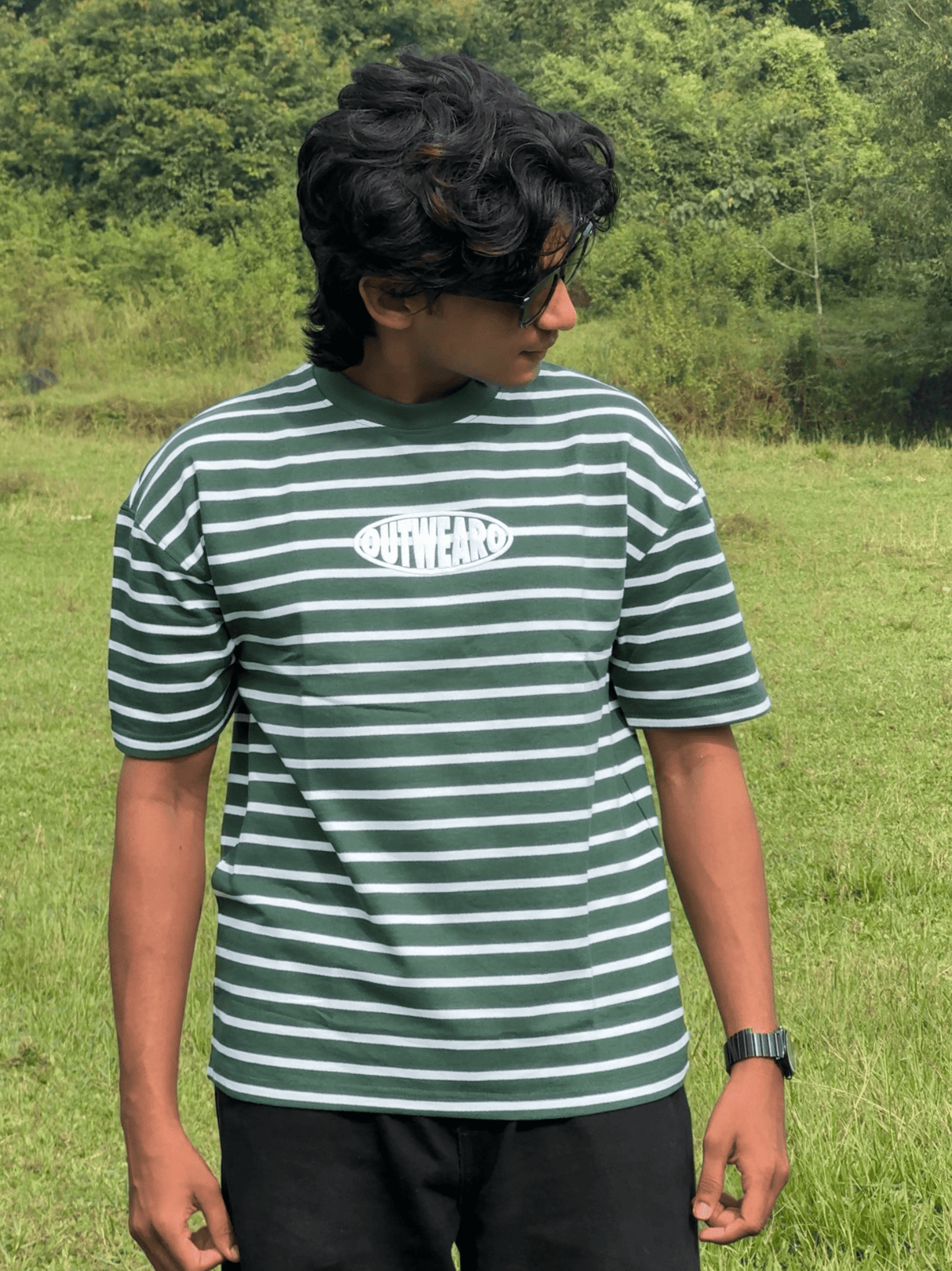 Oversized Striped Tshirt Dark Green - outwearo
