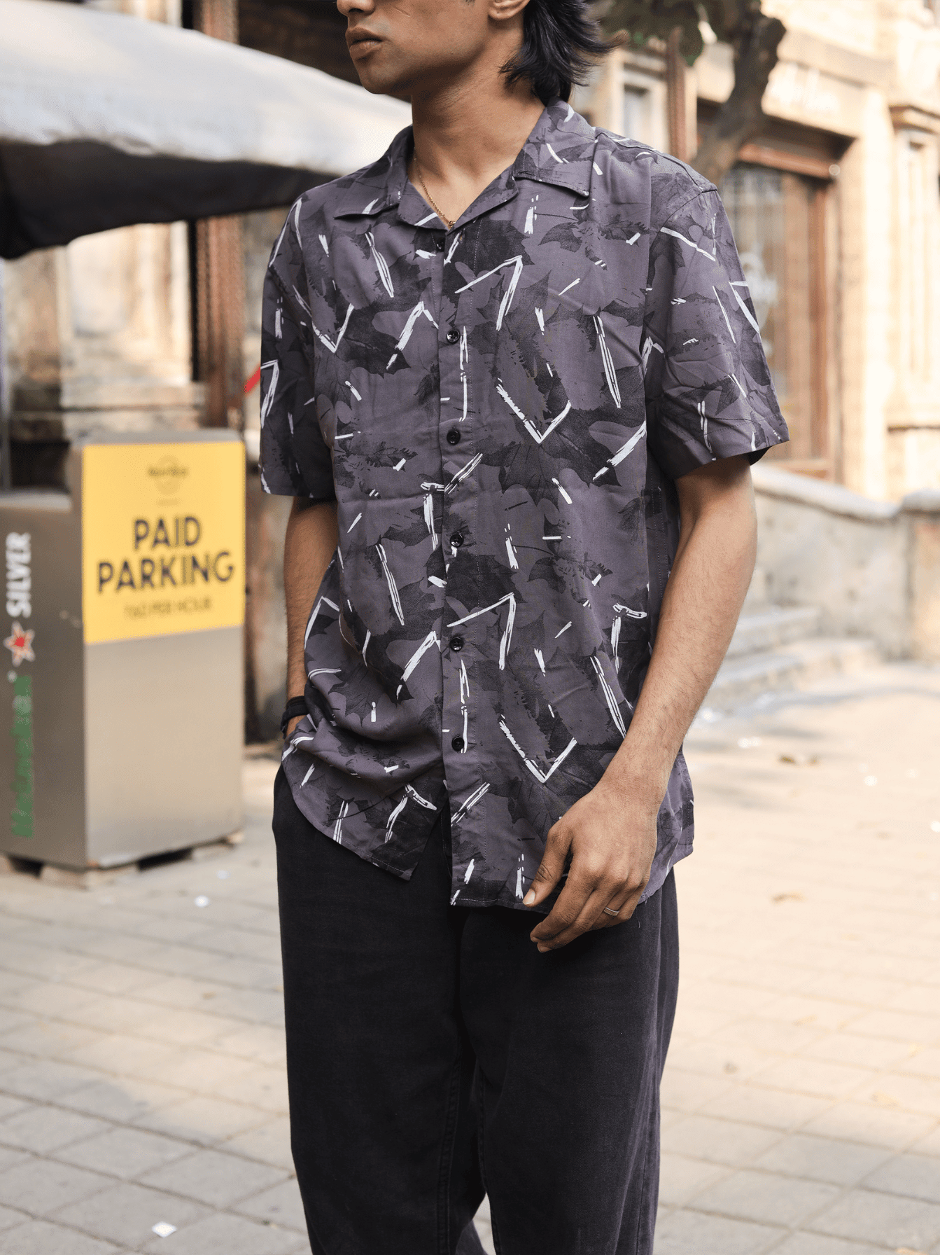 Printed Oversize Shirt Dark Grey - outwearo