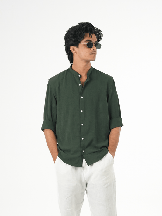 Regular Fit Chinese Collar Shirt IMP Fabirc DARK GREEN - outwearo