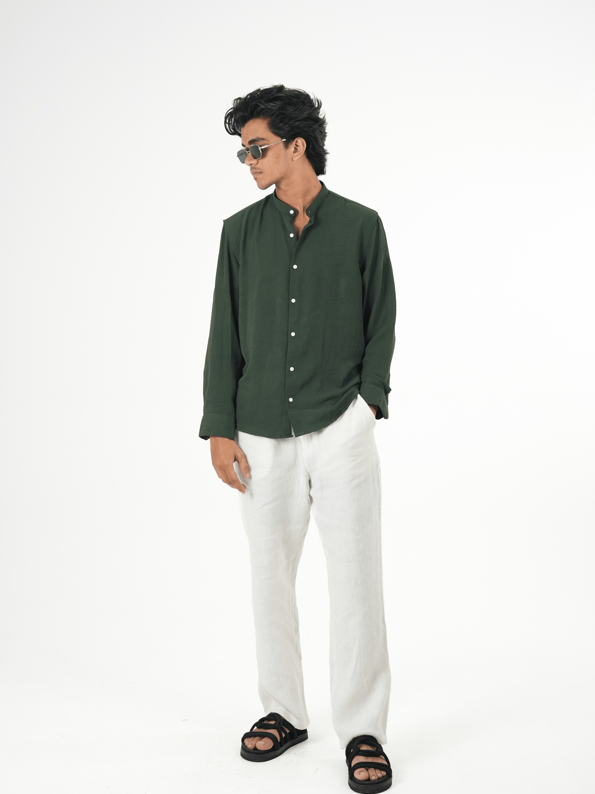 Regular Fit Chinese Collar Shirt IMP Fabirc DARK GREEN - outwearo
