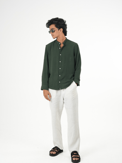 Regular Fit Chinese Collar Shirt IMP Fabirc DARK GREEN - outwearo
