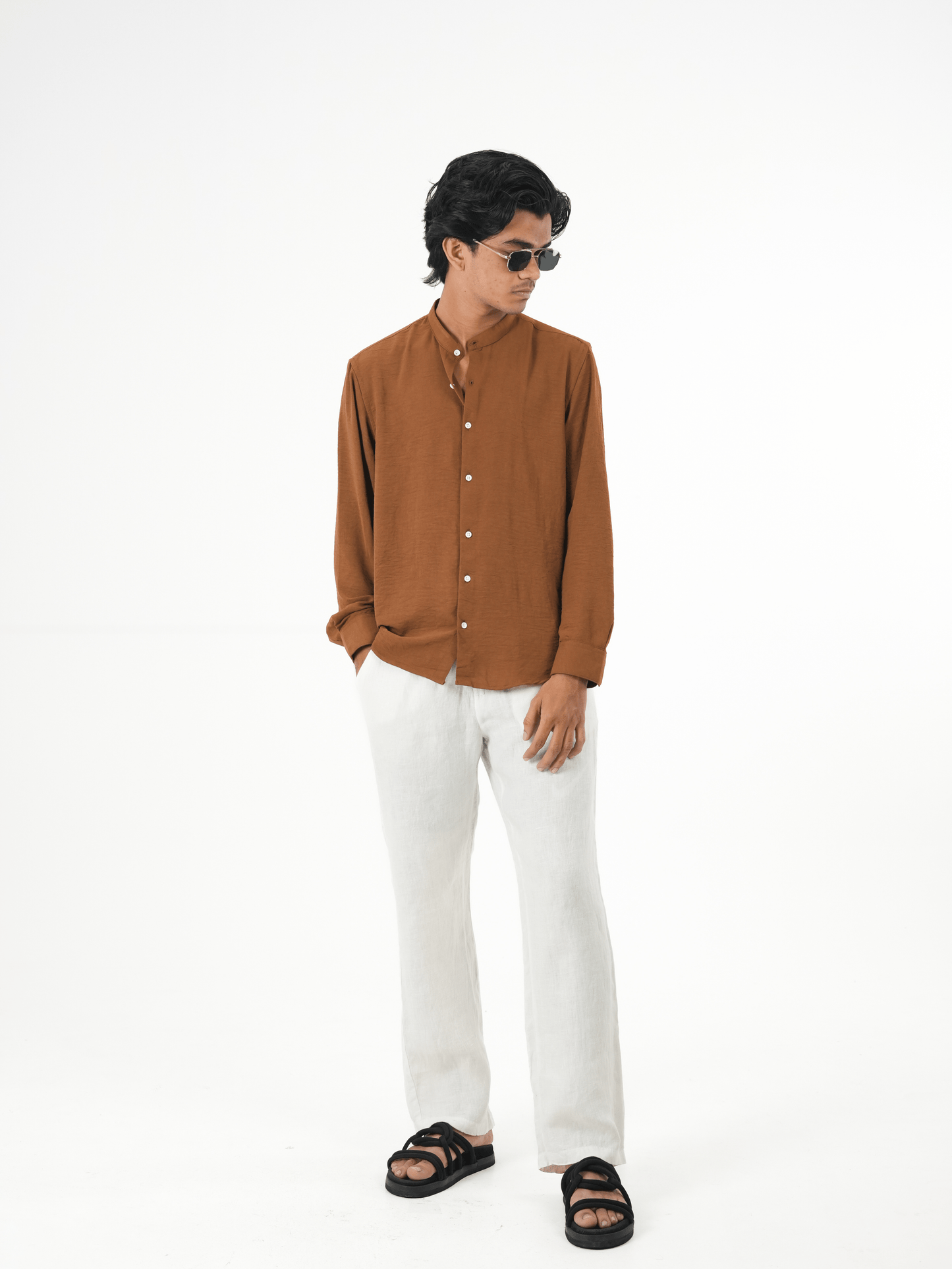 Regular Fit Chinese Collar Shirt IMP Fabirc LITE BROWN - outwearo