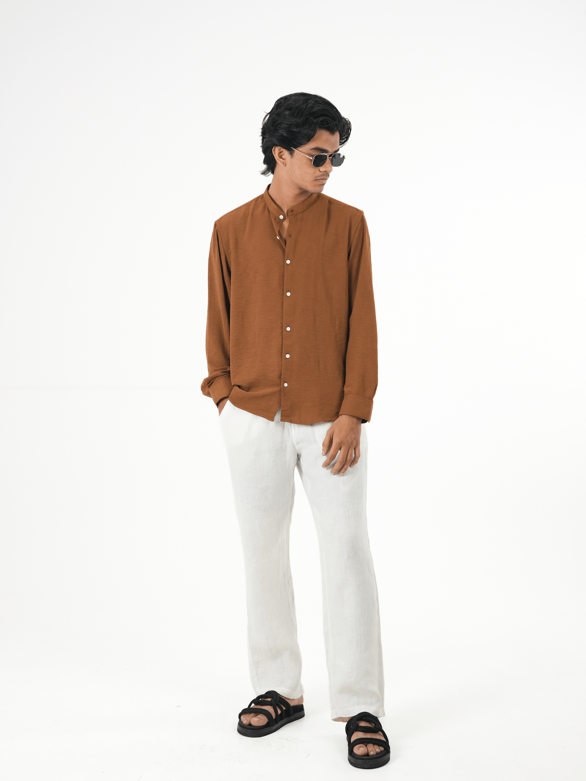 Regular Fit Chinese Collar Shirt IMP Fabirc LITE BROWN - outwearo