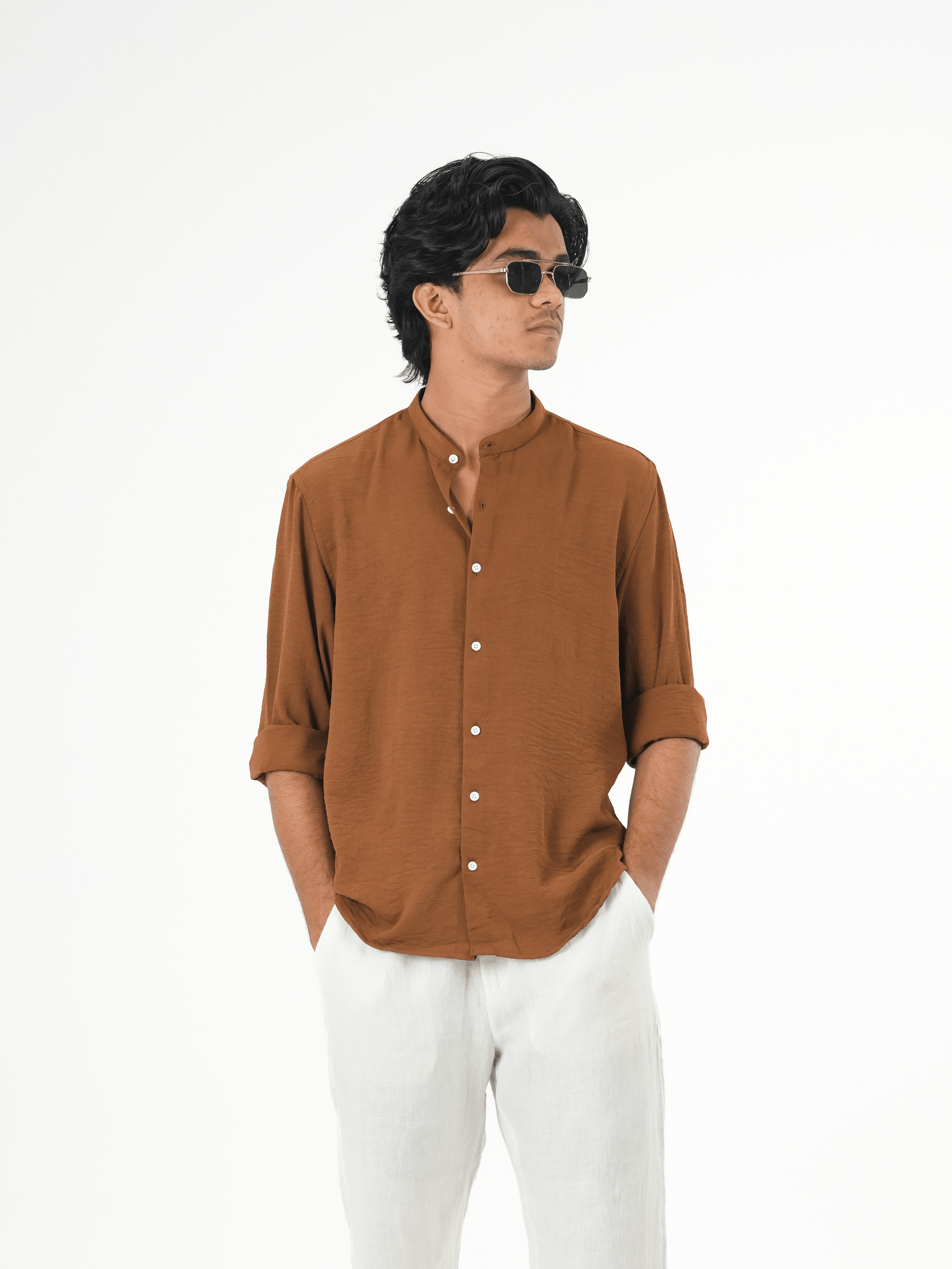 Regular Fit Chinese Collar Shirt IMP Fabirc LITE BROWN - outwearo