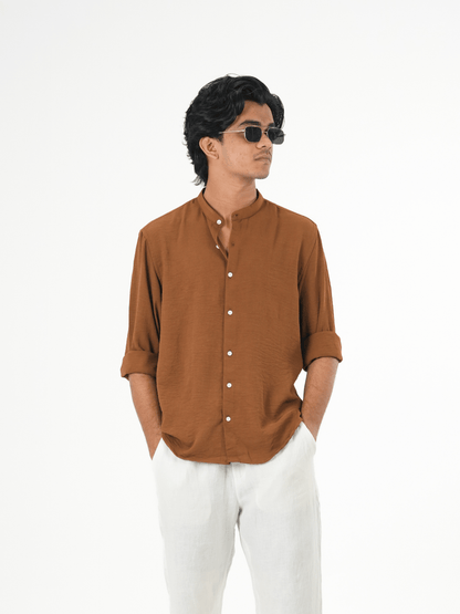 Regular Fit Chinese Collar Shirt IMP Fabirc LITE BROWN - outwearo